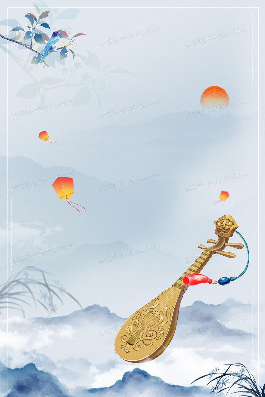 古风乐器琵琶古典乐器中国风山水背景