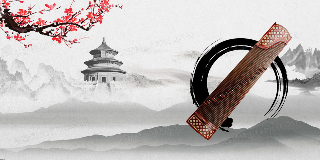 手绘中国风水墨古筝背景