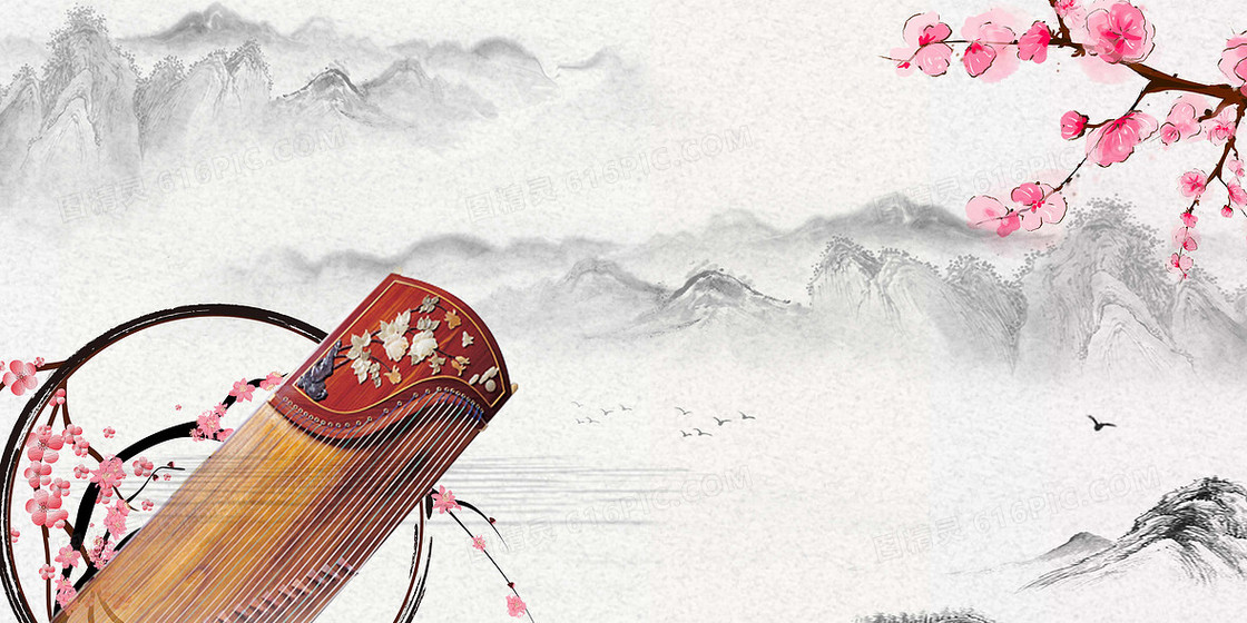 中国风古典山水乐器古筝摄影合成背景
