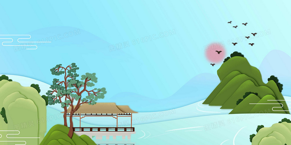 水墨山水剪纸风格古风背景