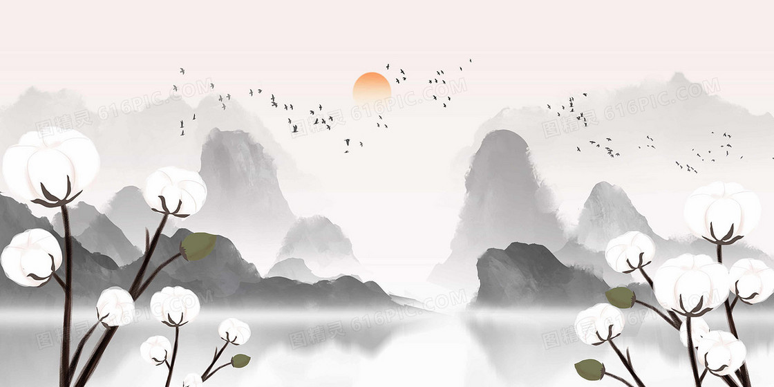 水墨江山壮丽棉花插画风格背景