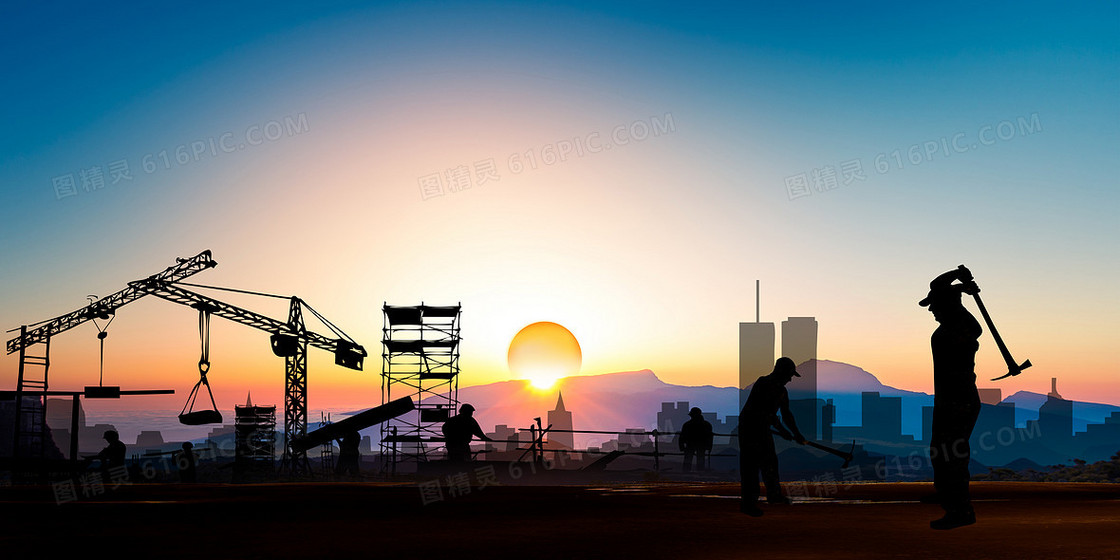 日出太阳升起正能量工人剪影背景