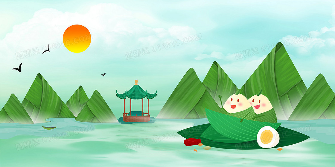绿色简约中国风端午节粽子龙舟背景