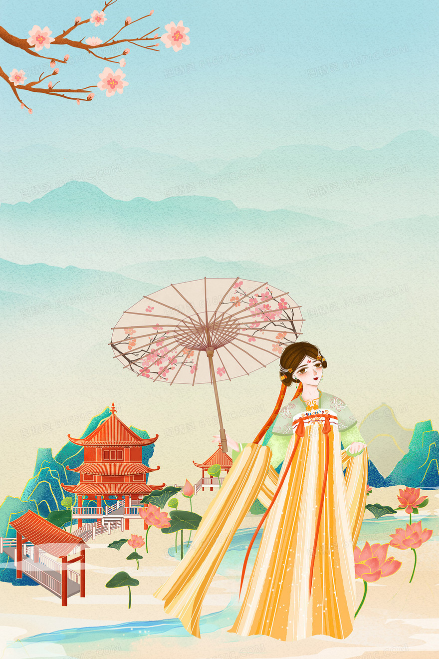古风女生油纸伞水墨山水意境背景
