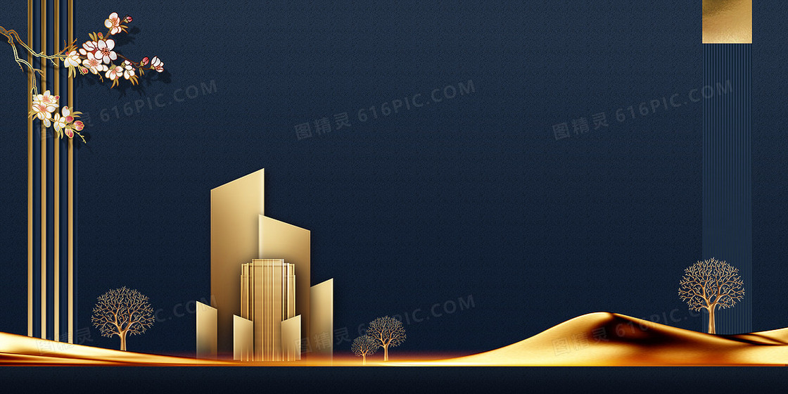 新中式房地产中国风鎏金金色建筑背景
