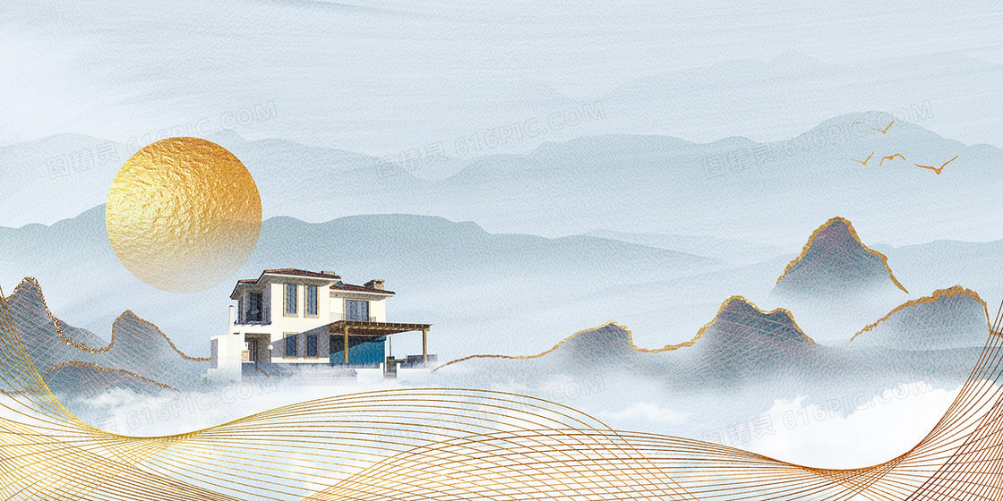新中式房地产山水金色鎏金线条背景