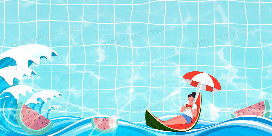 蓝色夏季清凉西瓜水上漂流创意背景