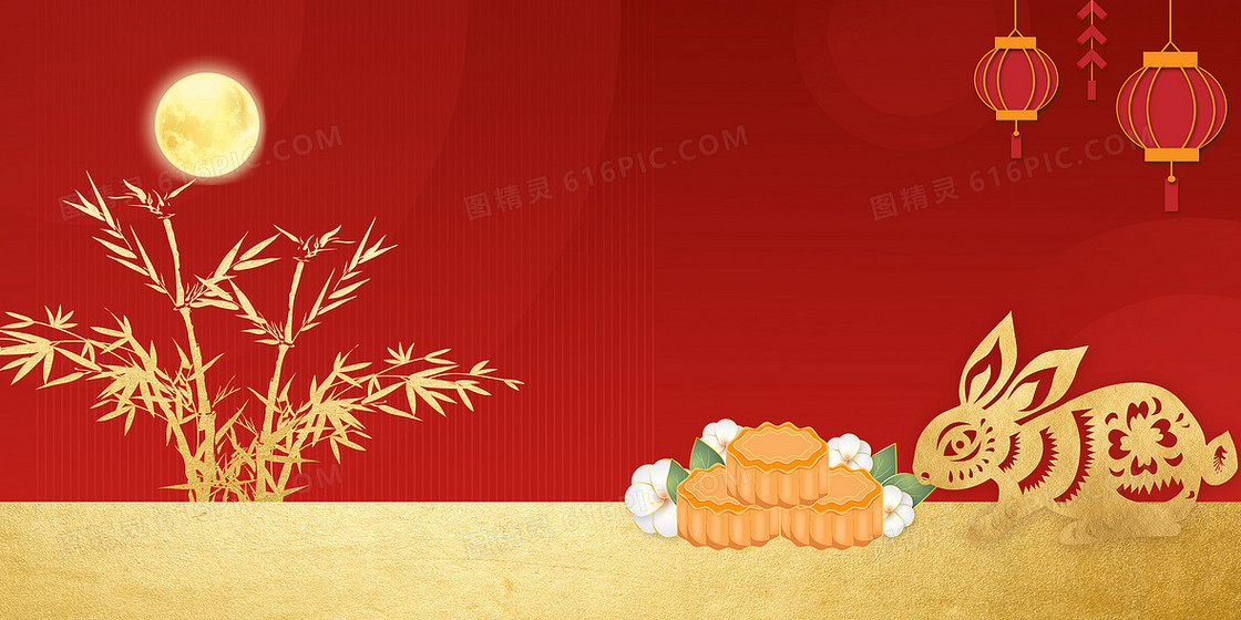 红色大气中国风中秋节兔子月饼背景