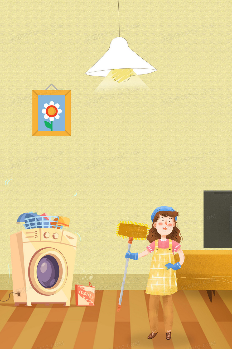 卡通可爱手绘洗衣服做家务背景