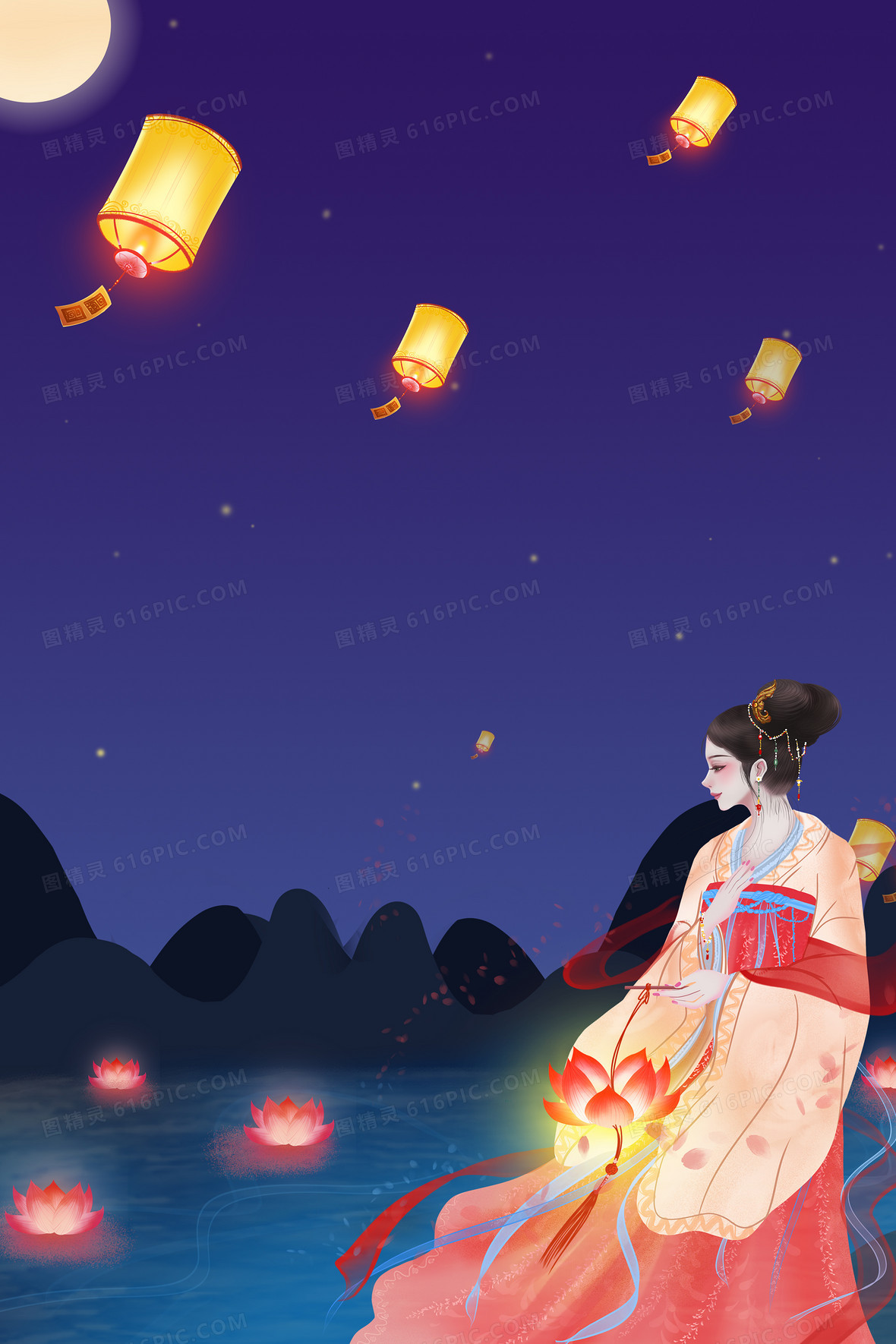 下元节明灯祈福插画背景