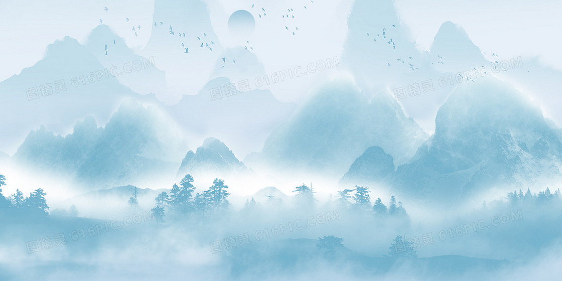 蓝色简约中国风山水画背景