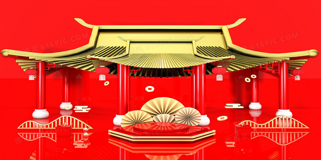 c4d红色喜庆中国风虎年舞台背景