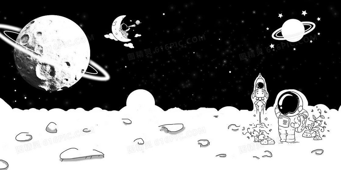黑白手绘宇宙宇航员卡通背景