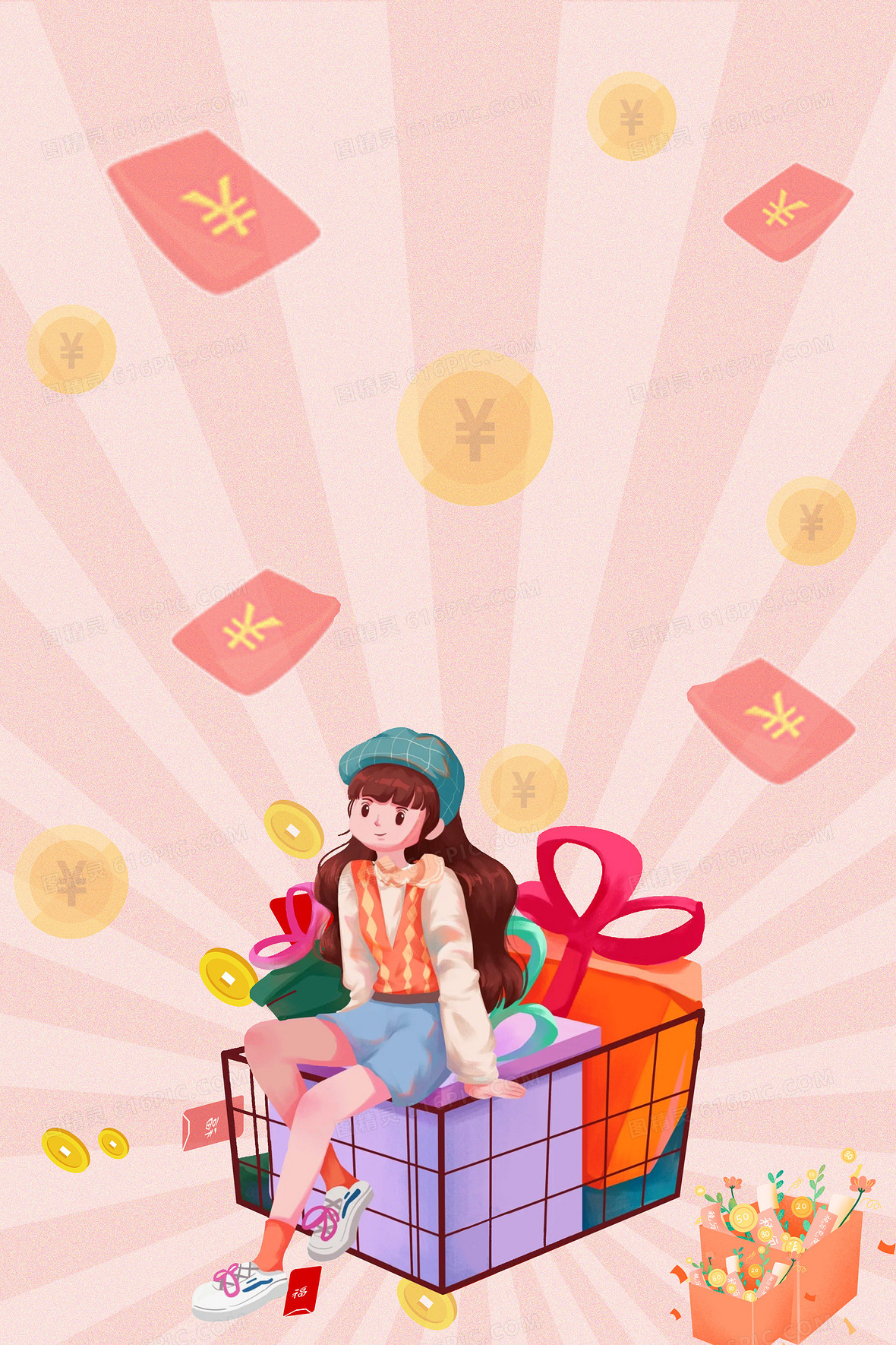 手绘女孩坐购物车促销背景
