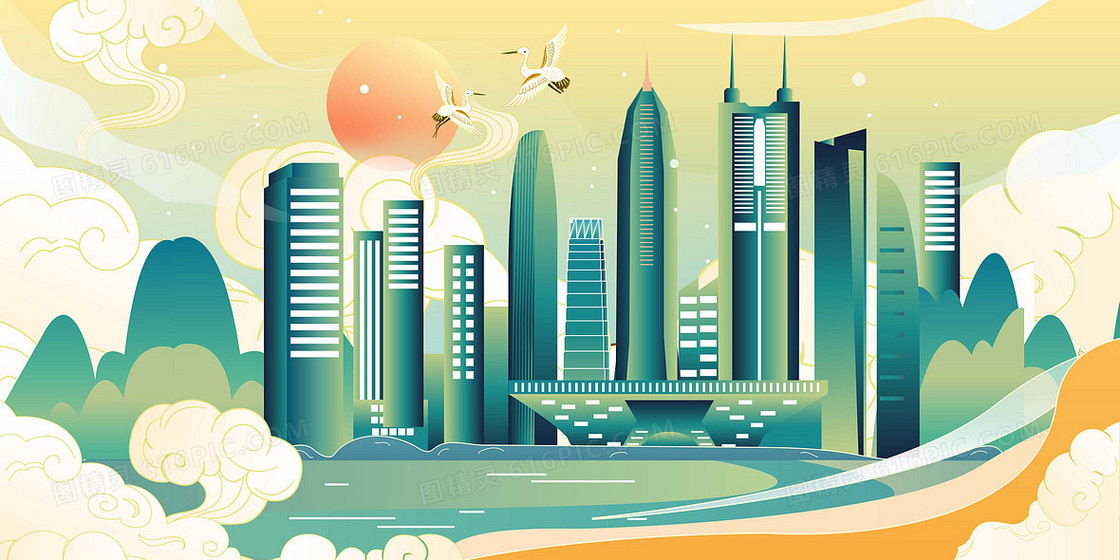 国潮创意深圳地标建筑手绘插画系列背景