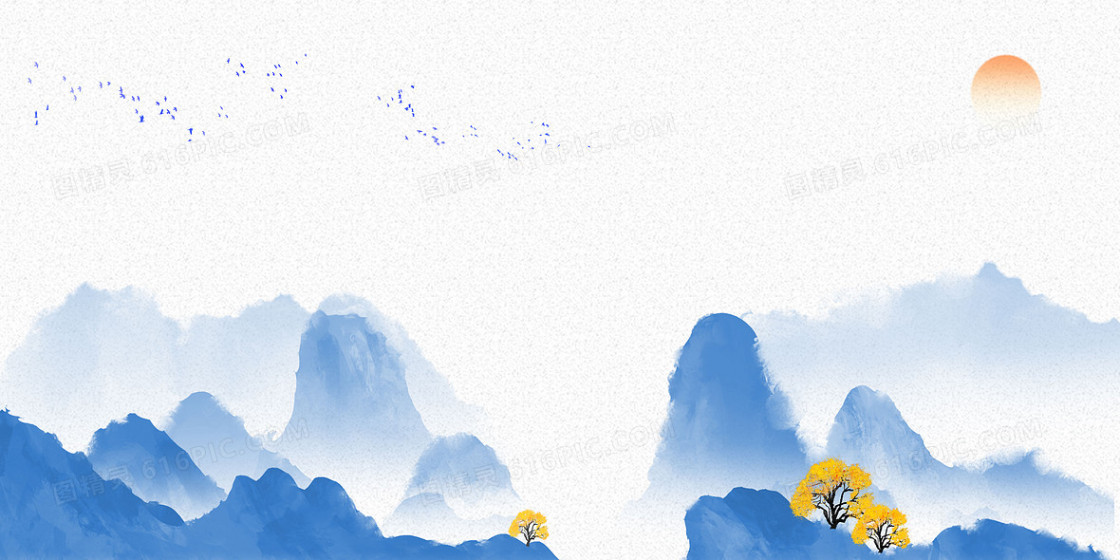 蓝色简约青花瓷山水背景图