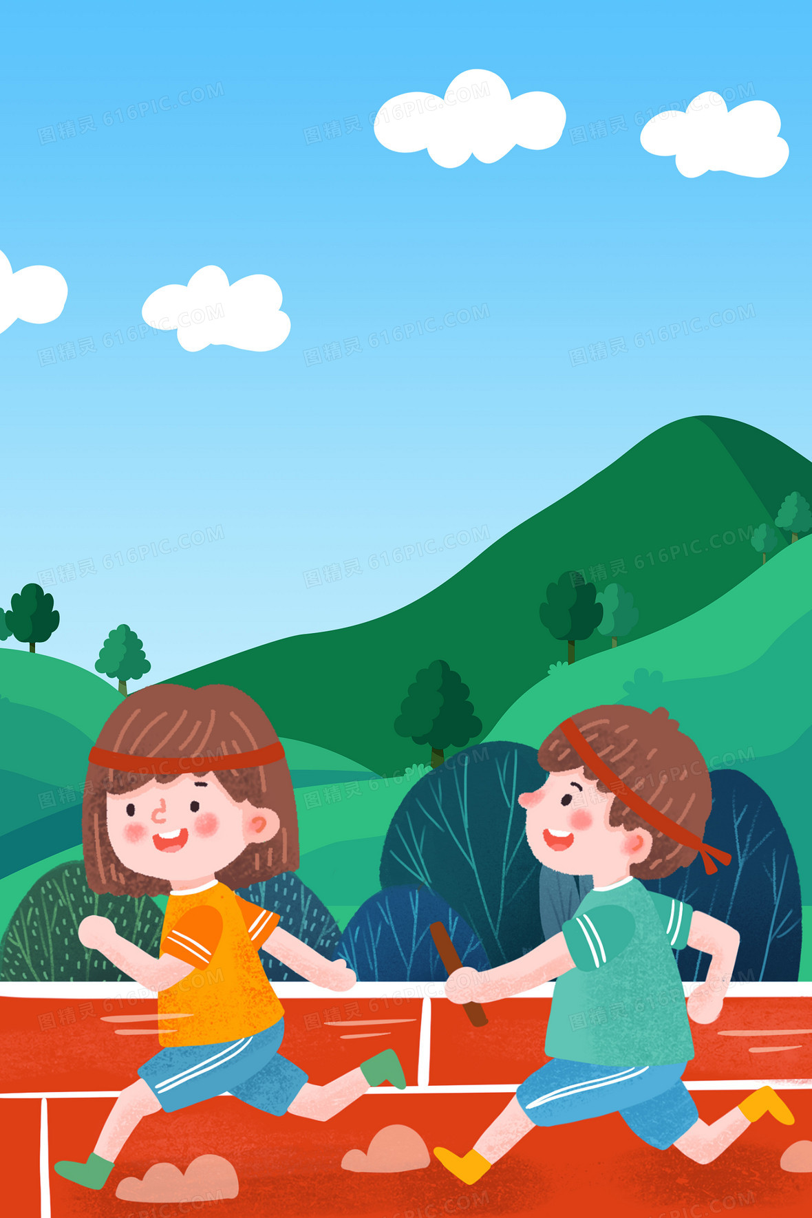 运动会幼儿园幼儿园比赛图精灵为您提供手绘卡通幼儿园接力比赛背景
