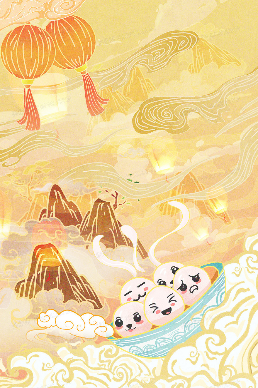 国潮风创意拟人元宵节插画背景