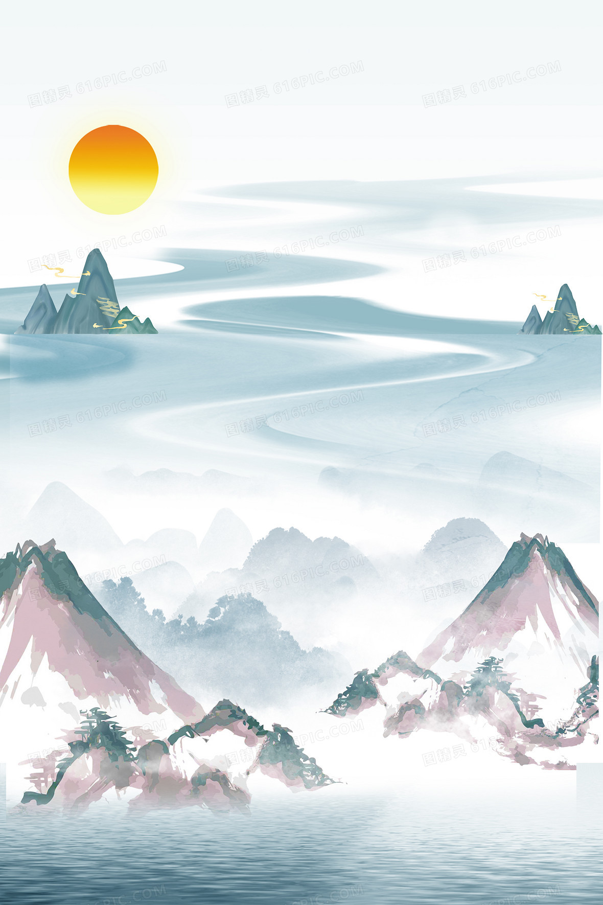 淡雅绿色水墨峰海报背景