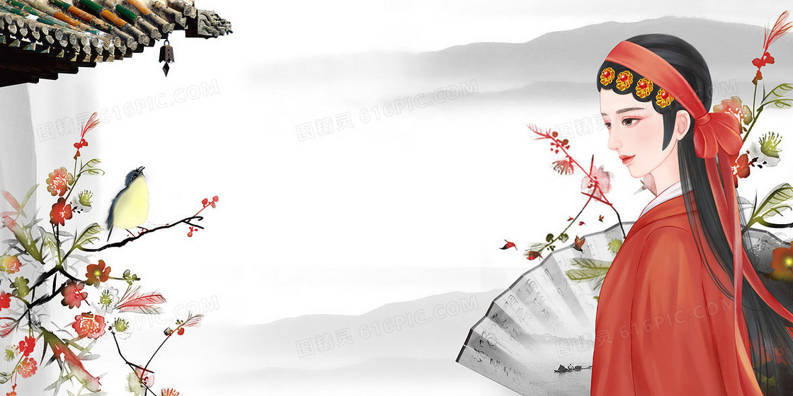 水墨红衣美女复古中国风工笔画花鸟背景
