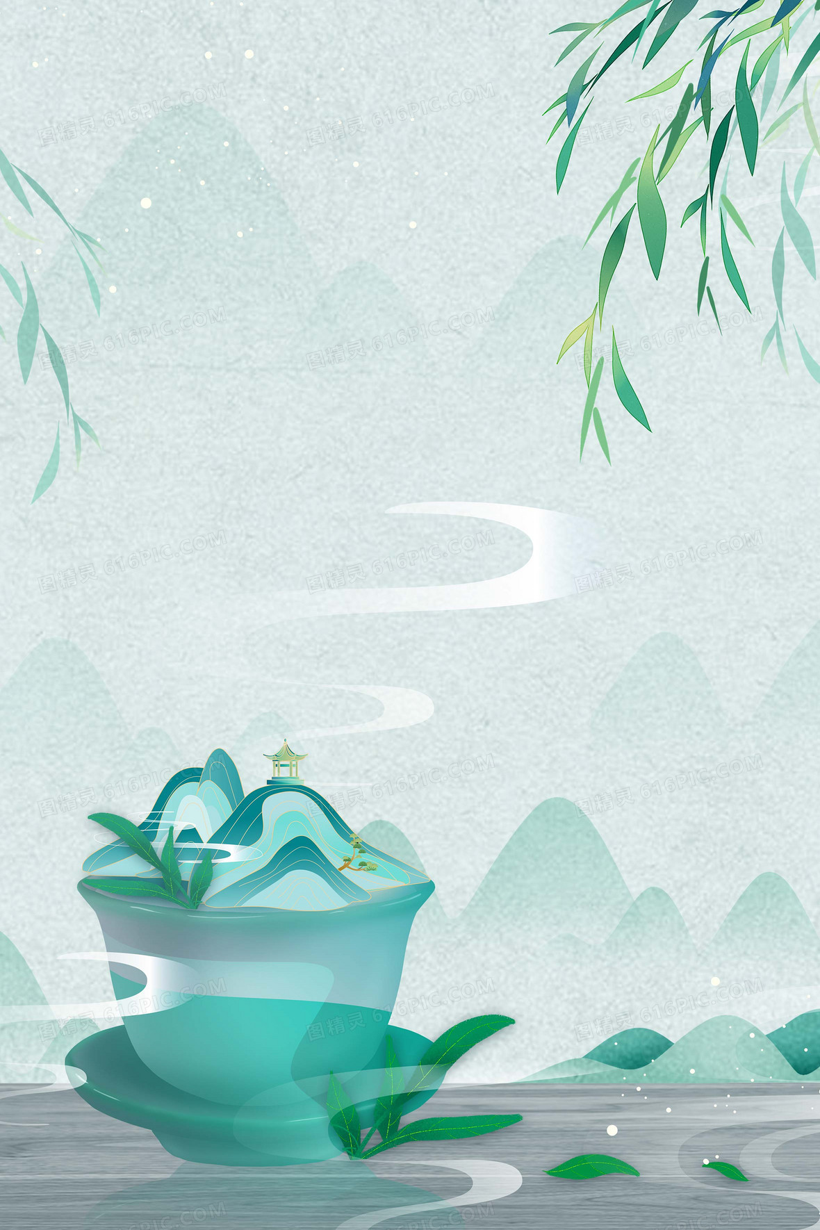 中国风古典绿茶合成背景
