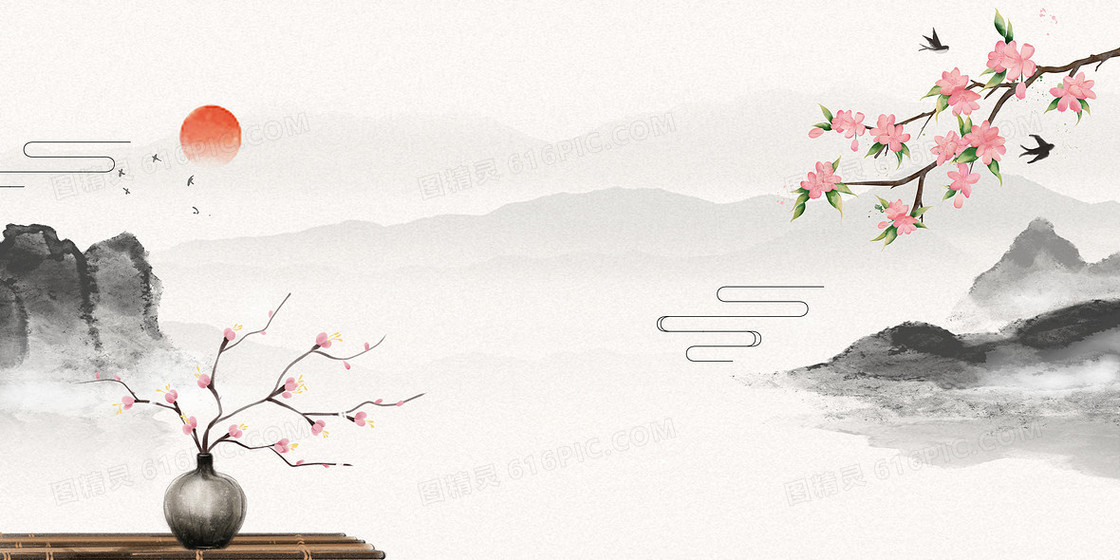 中式中国风意境水墨山水桃花背景