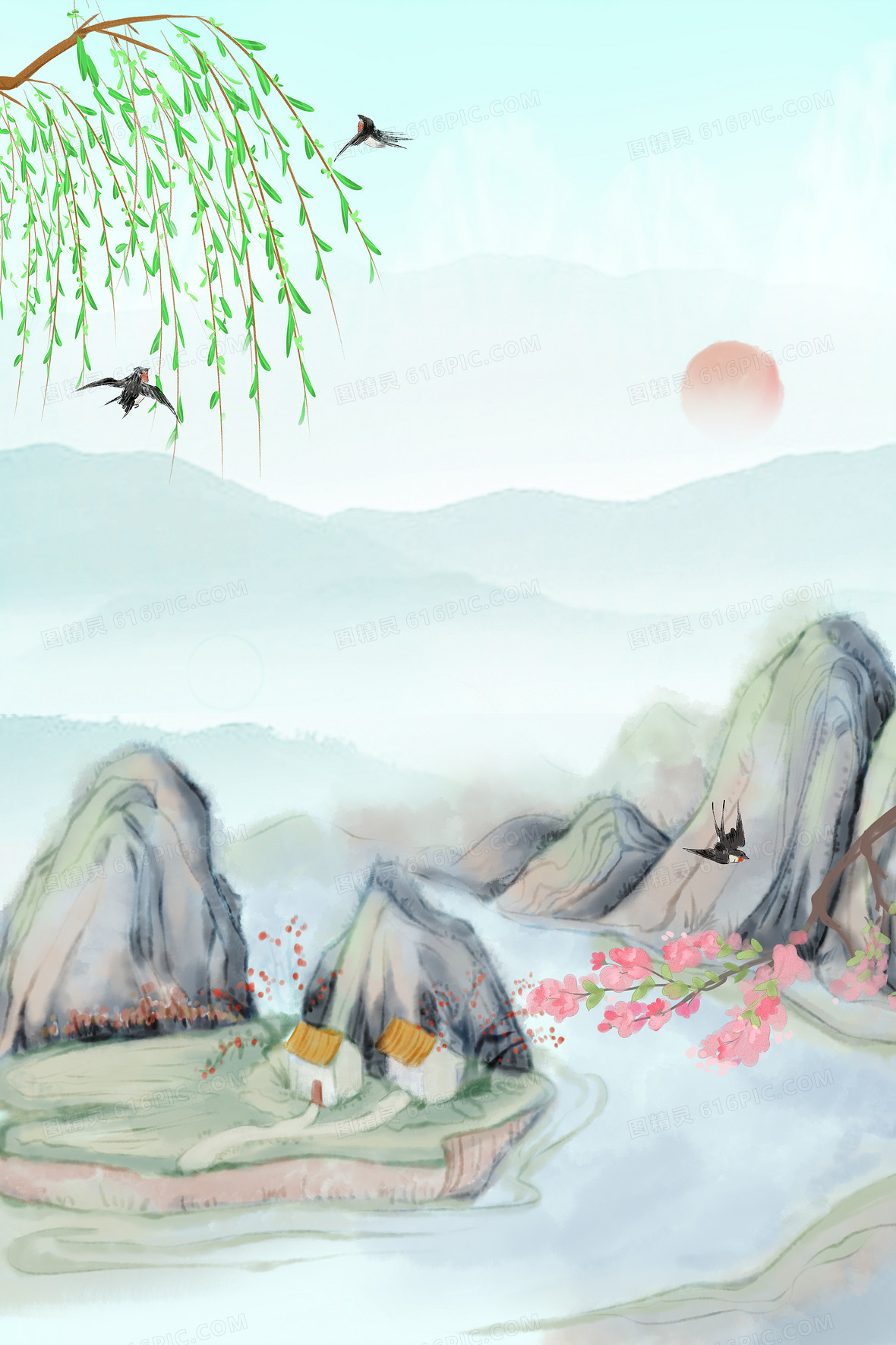 水墨山水春天背景图片下载_免费高清水墨山水春天背景设计素材_图精灵