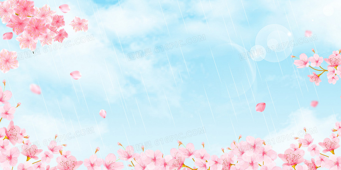 清新天空桃花飘落背景
