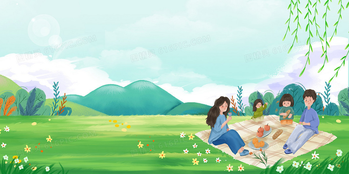 手绘卡通亲子出游春日野餐背景