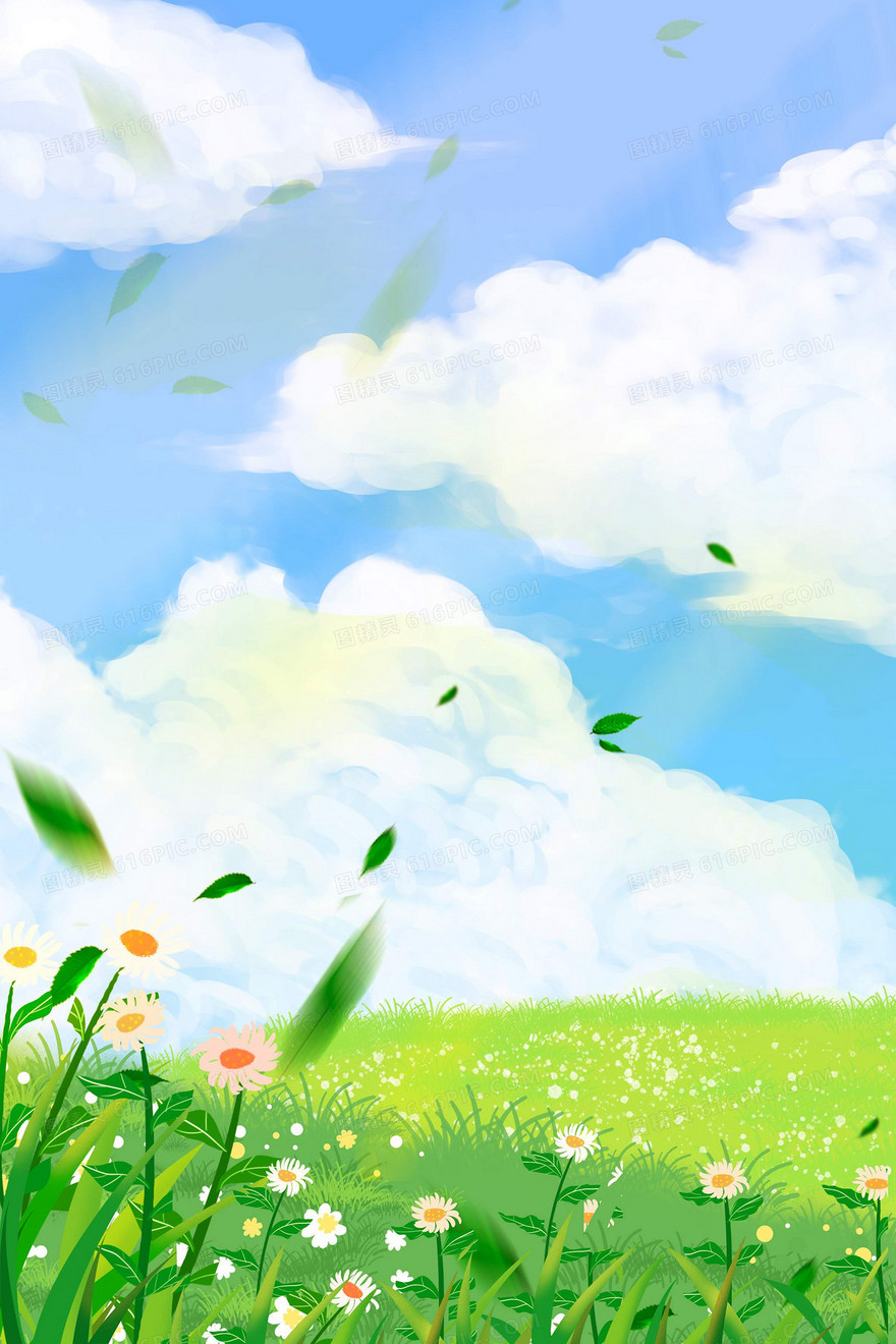 手绘插画蓝天花朵立夏氛围背景