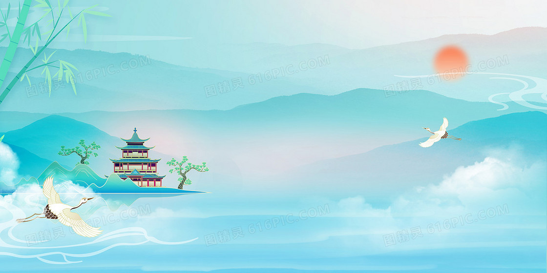 中国风渐变古建筑山水背景