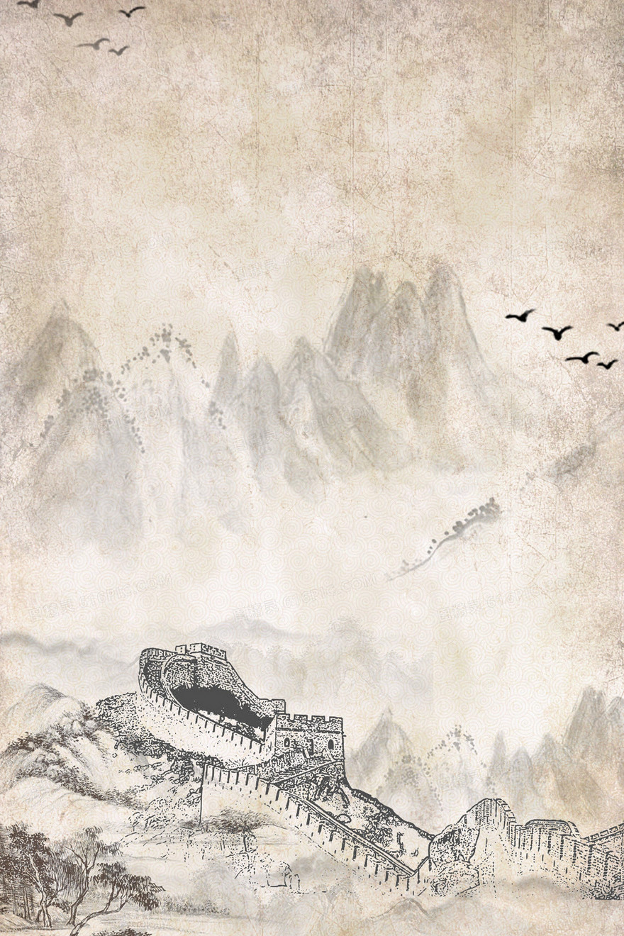 国风复古中国标志建筑线描山水背景