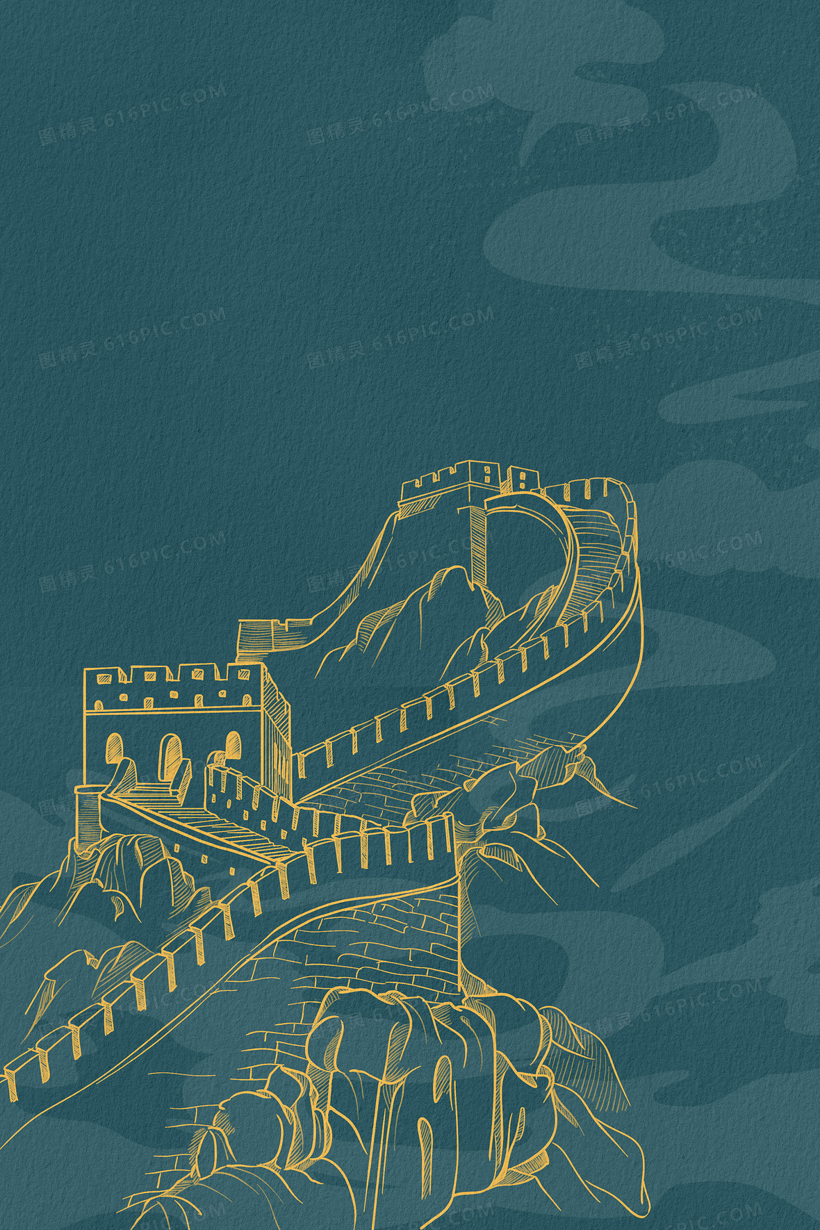 复古绿色线描长城背景图