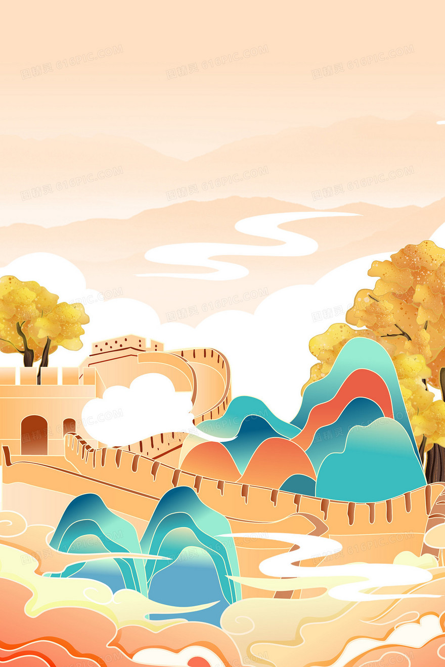 简约国潮长城风景背景图