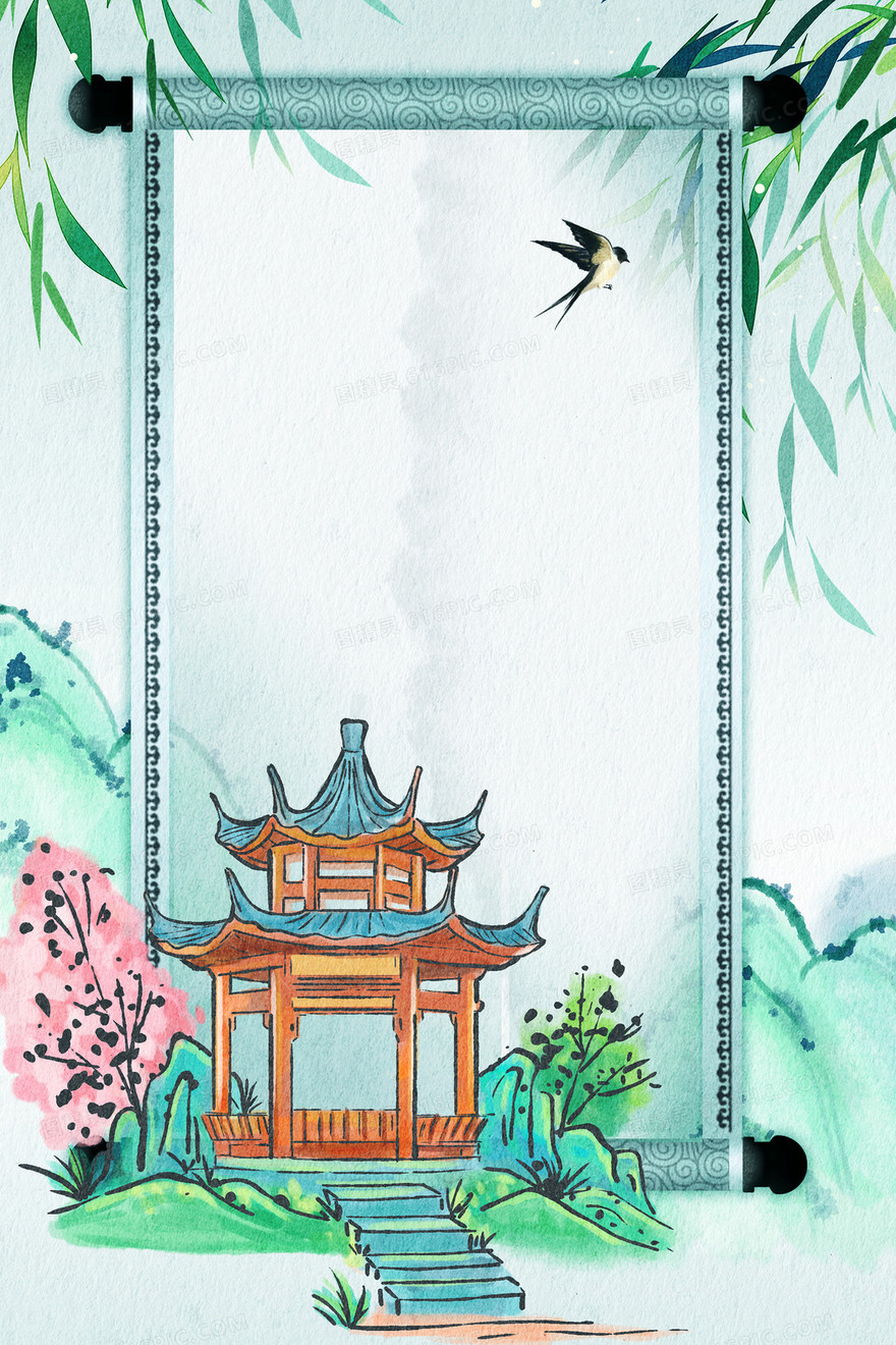 水墨古风的插画工笔建筑亭子边框背景