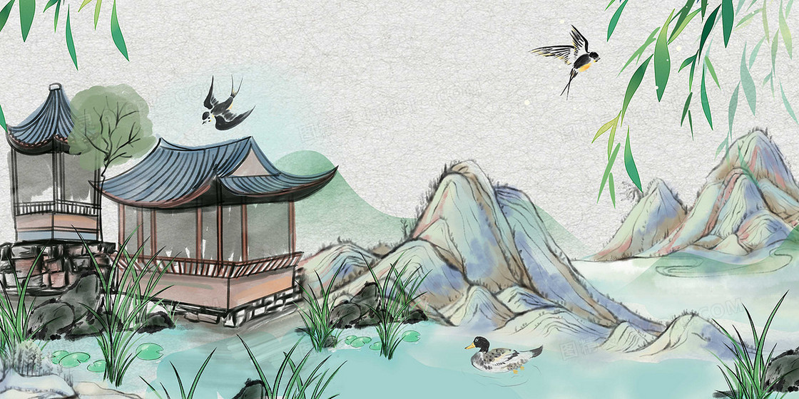 水墨山水庭院亭子合成毛笔背景