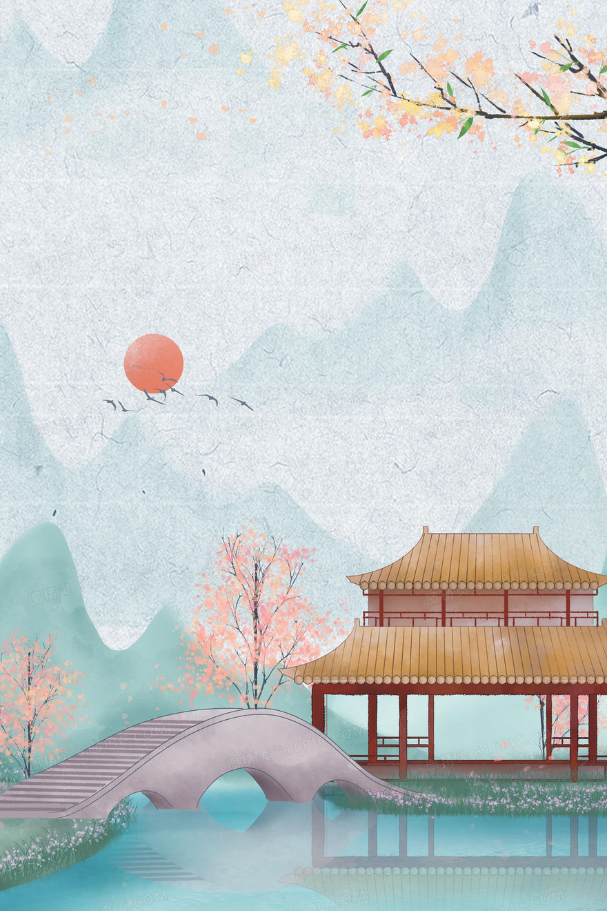 工笔手绘复古中国建筑亭子背景