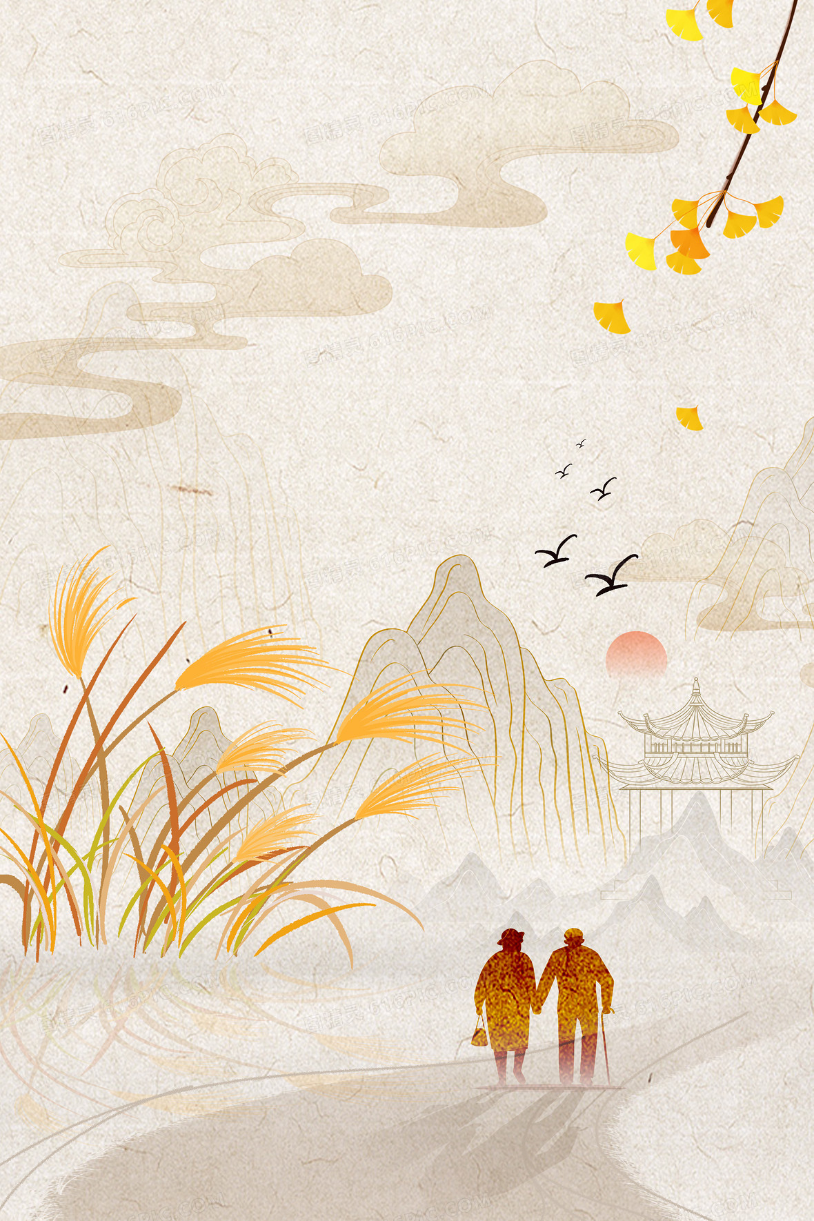 重阳节简约老年人西山合成背景jpgpsd最美夕阳红关爱老人公益海报jpg