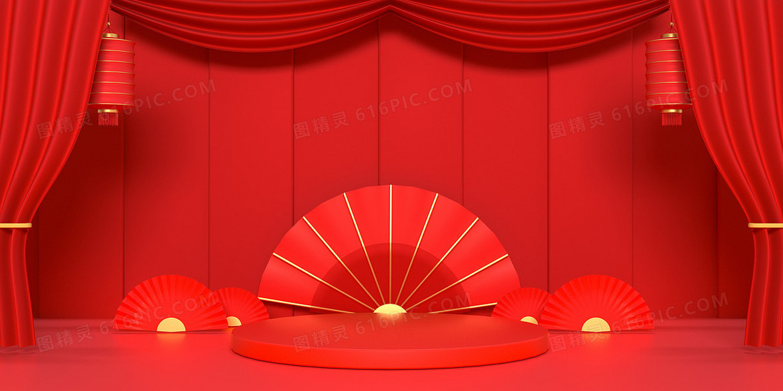 C4D红色传统喜庆电商舞台背景