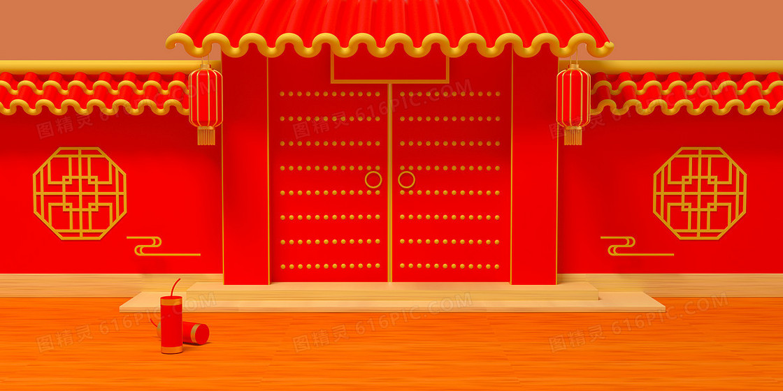 C4D红色传统喜庆电商大门背景