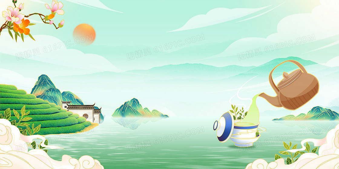 国潮山水中式茶文化背景