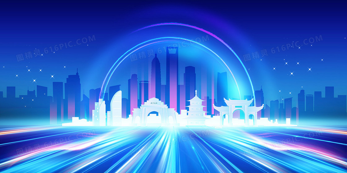 厦门城市地标剪影蓝色科技风背景
