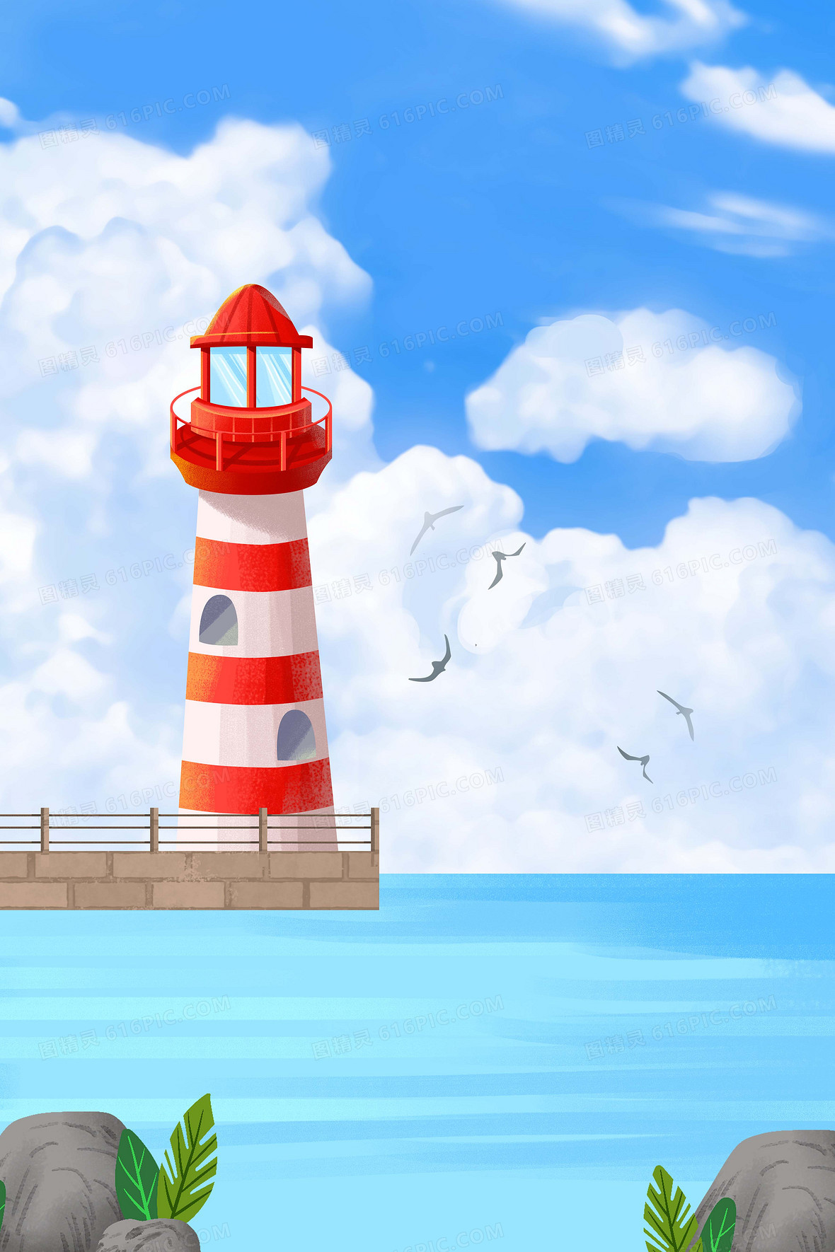 大海灯塔插画风背景jpgpsd创意卡通小清新灯塔背景jpgpsd大海海浪灯塔