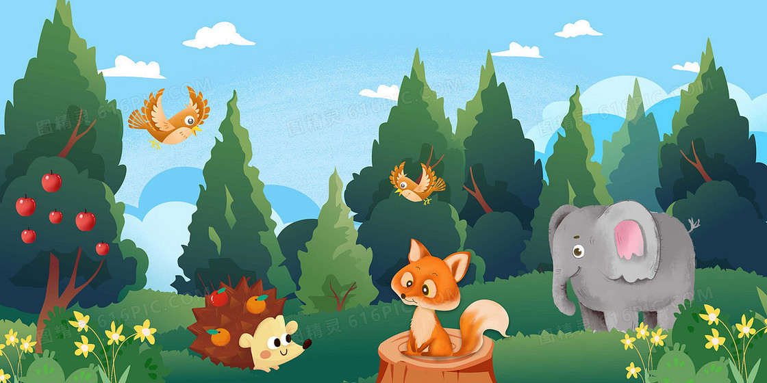 刺猬松鼠大象动物森林主题背景