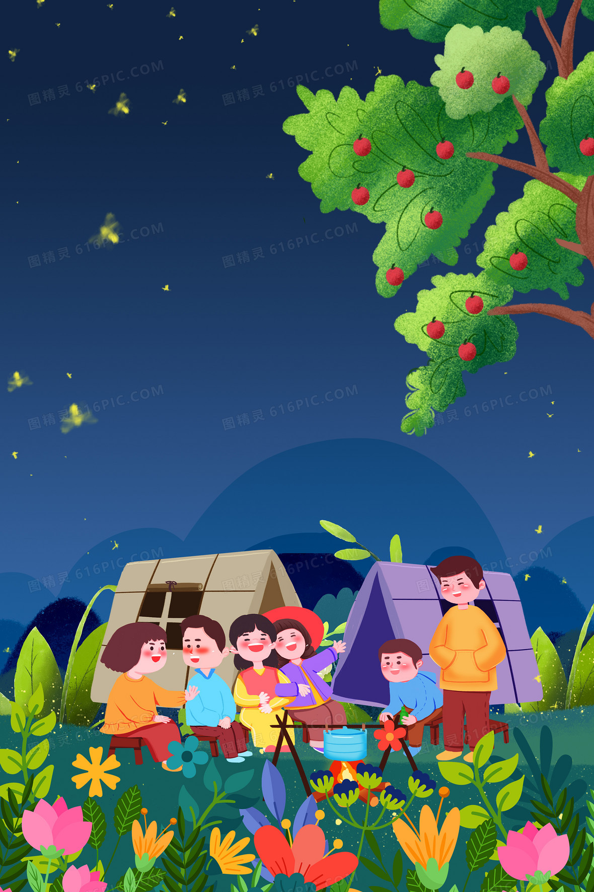 2362jpgpsd夜晚星空帐篷露营篝火背景jpgpsd可爱卡通插画风帐篷