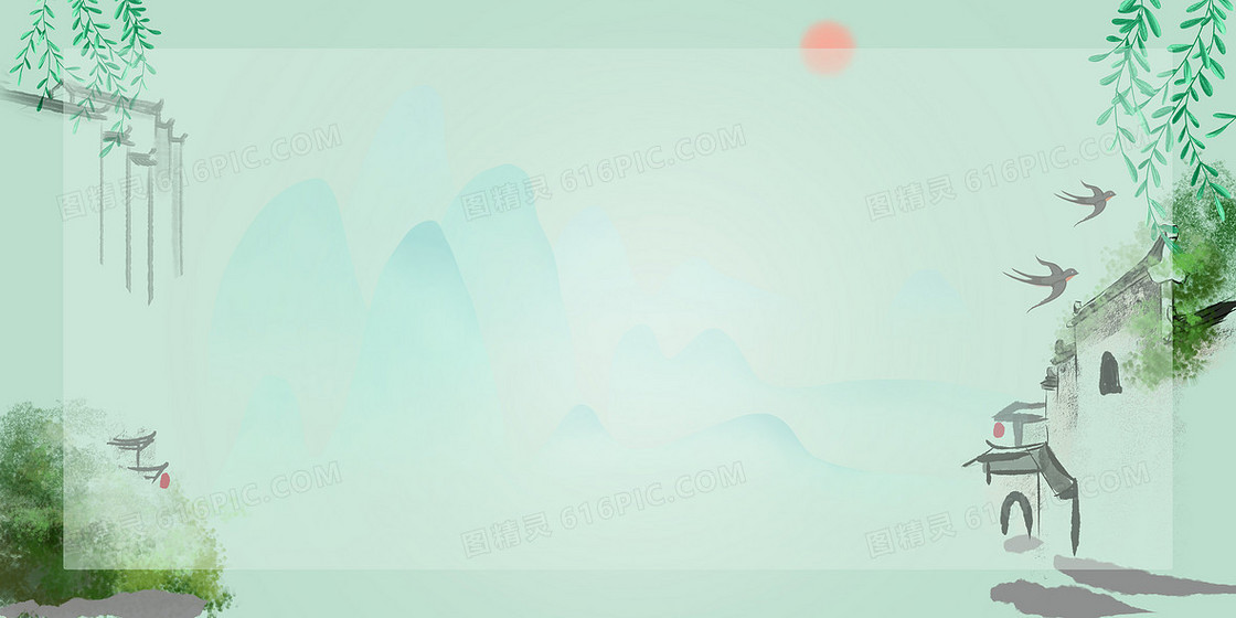 中式徽派绿色春景背景
