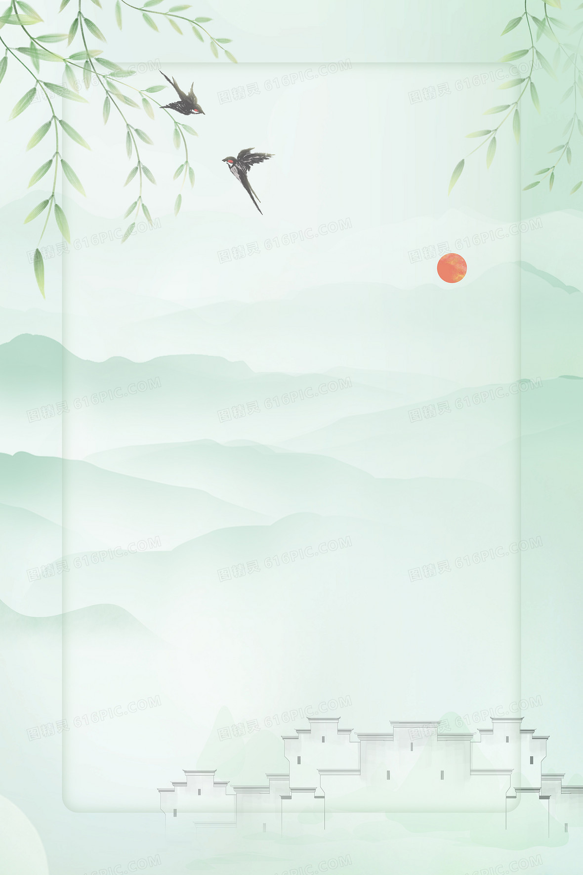 中式徽派春天小清新简约背景