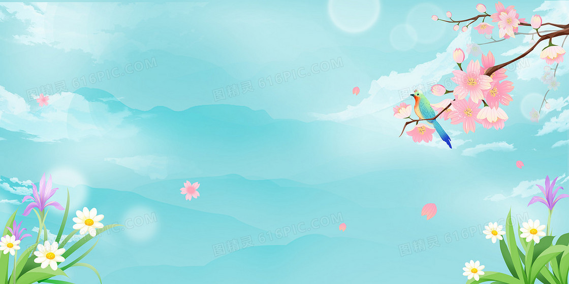 春天蓝天白云植物花草桃花花鸟背景