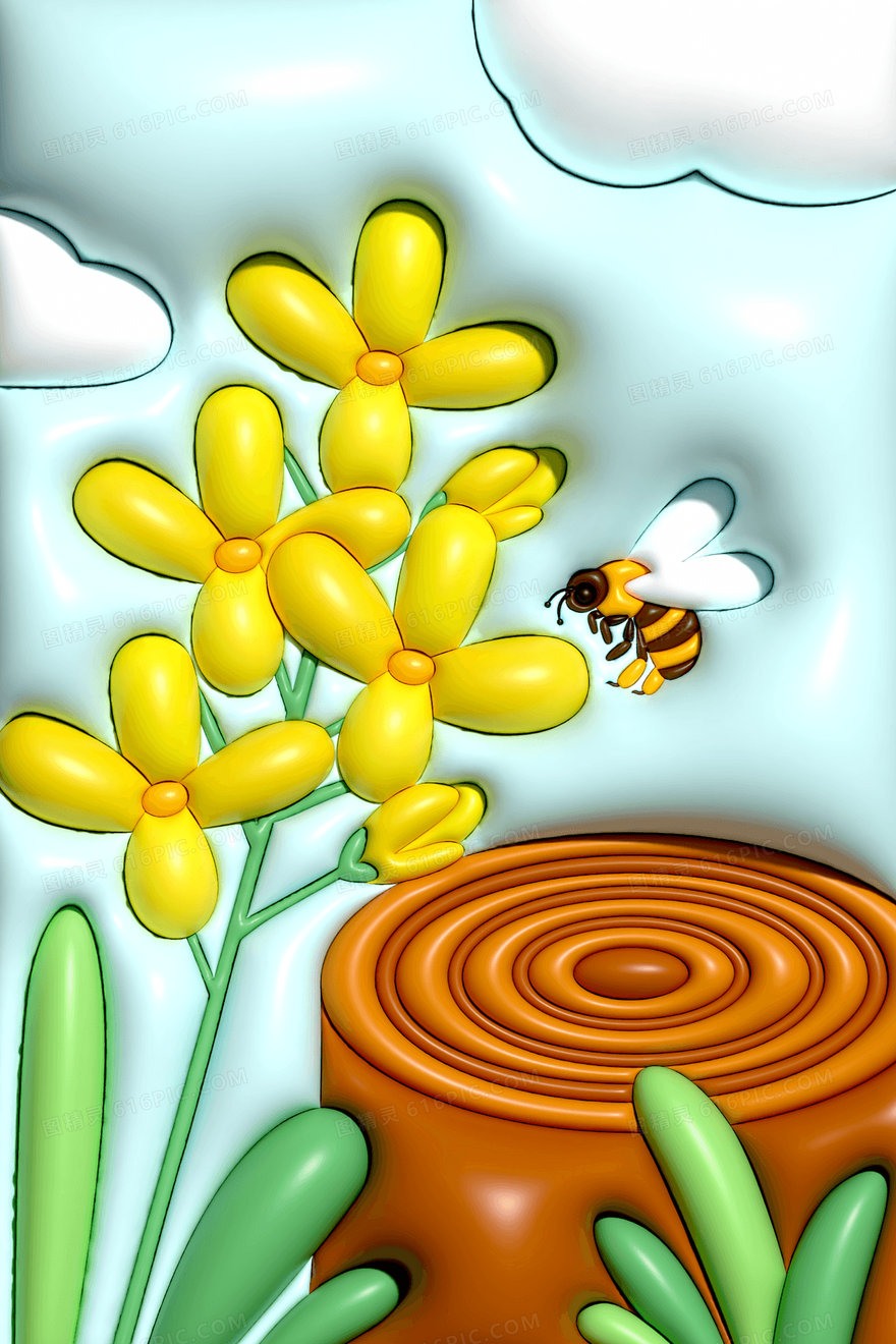 膨胀风简约春分绿色花朵蜜蜂背景