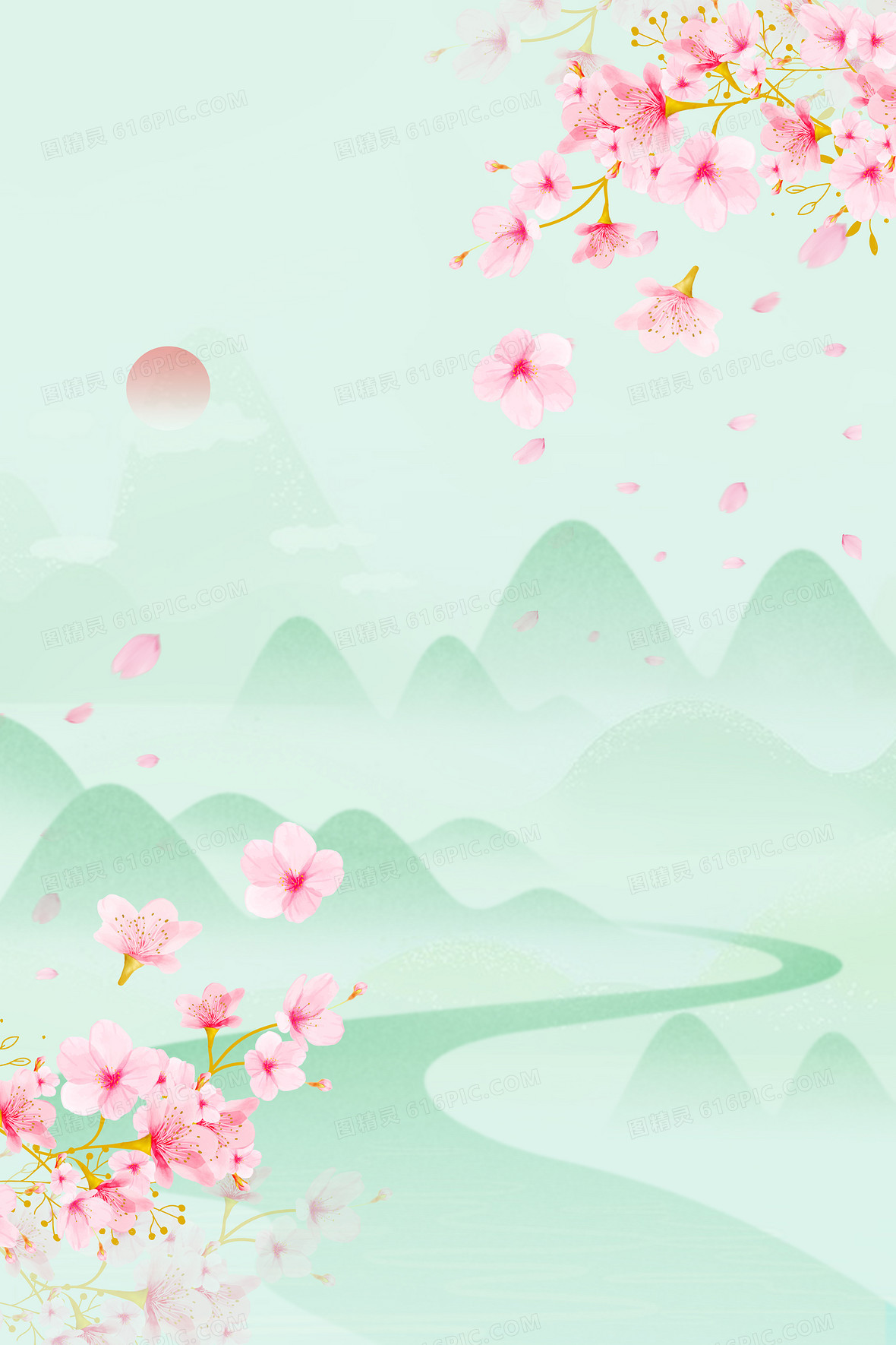 复古中国风浪漫樱花插画背景
